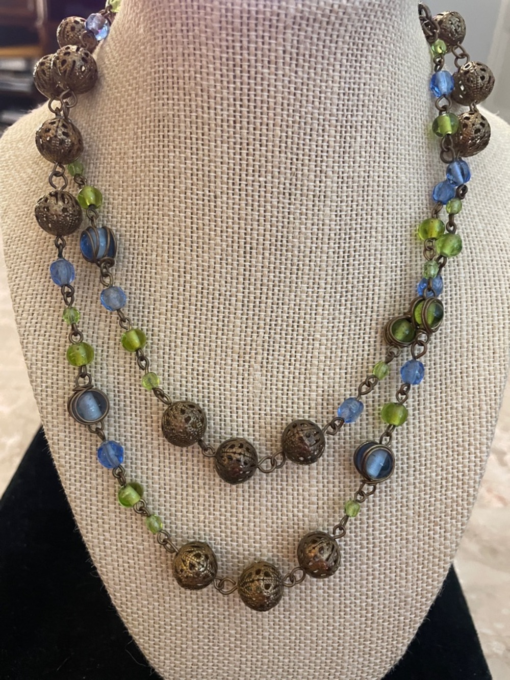 36” Vintage-Inspired Blue and Green Beaded Layered Necklace